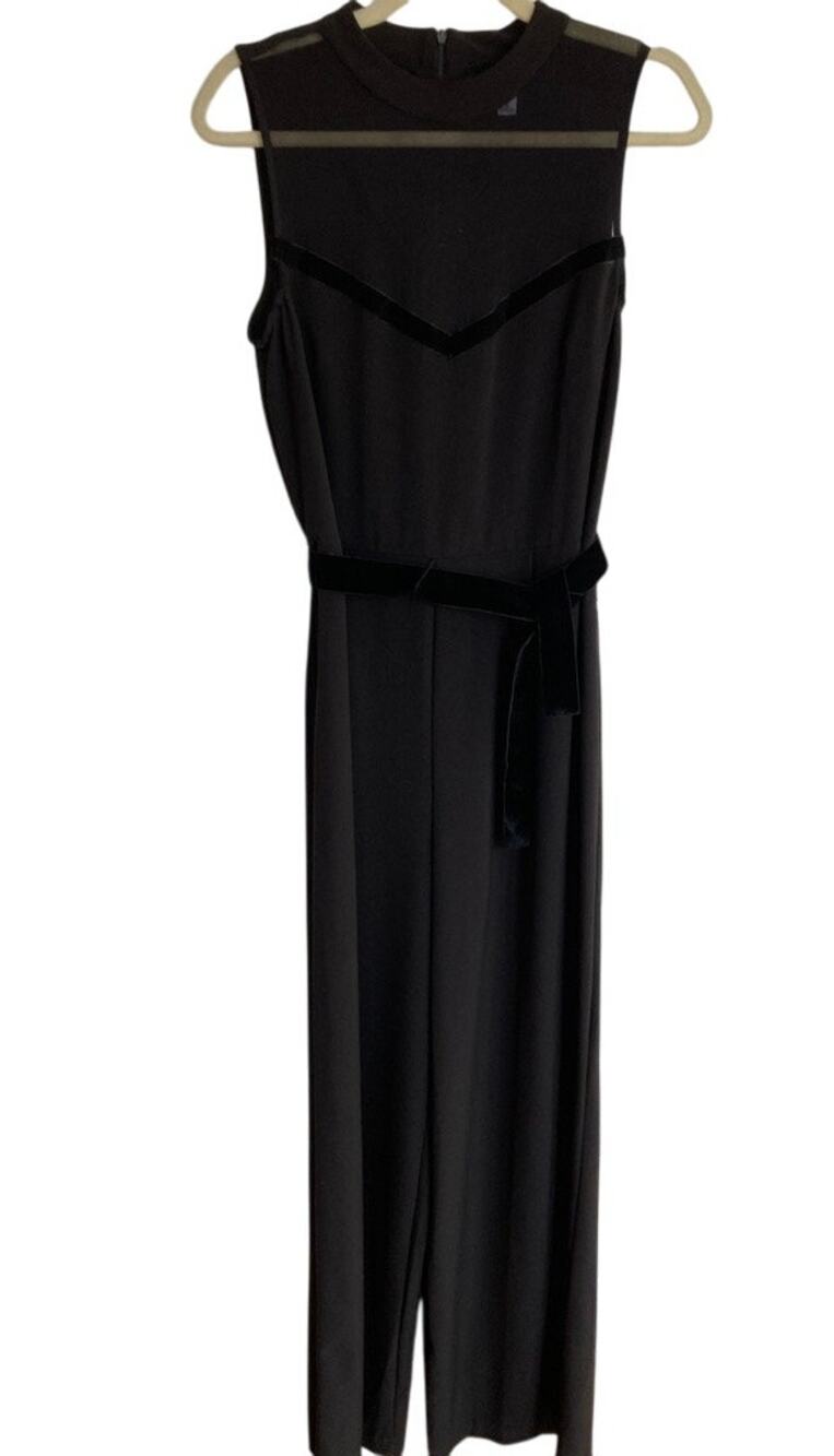 Black Sheer Panel Velvet Trim Straight Leg Jumpsuit Size 12 Office Siren Career